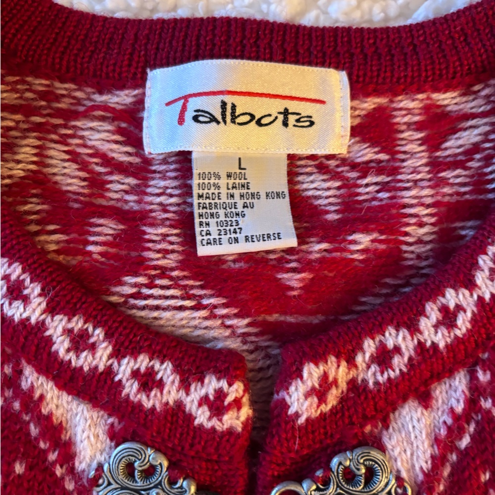 Vintage Talbots Red and White Nordic Faire Isle Wool Cardigan Size Large - Picture 4 of 6